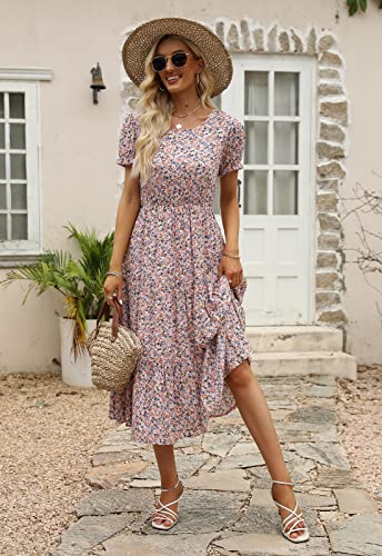 Image of NAVINS Womens Floral Print Modest Wedding Guest Midi Dress with Pockets | Puff sleeve tiered boho dress for summer, church, and vacations. Elastic waist, Below knee, hand or machine wash.