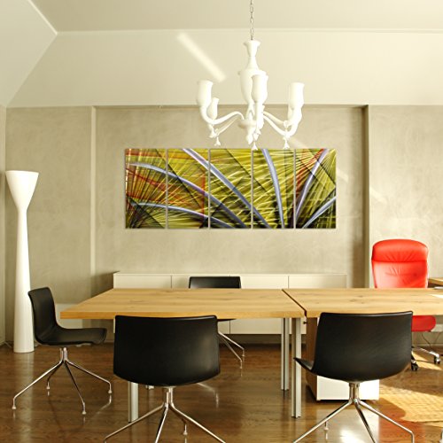 Silver Abstract Figurative Lines On Yellow - Large Modern Metal Wall Art Decor - Set Of 5 Panels Sculpture For Kitchen Or Bedroom - 64" X 24" #TOP4