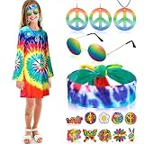 Heentan 16 Pcs 70s Outfits for Girls Kids 60s 80s Hippie Costume Set Boho Dress Hippie Outfits Acces