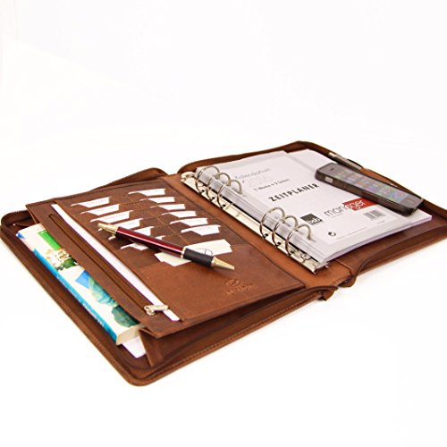 ALMADIH Leren organizer A5 met ringmechanisme, ritssluiting + kalender 2017, van rundleer, leren map, schrijfmap… - Image 3