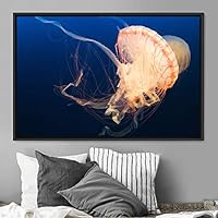 Framed Canvas Wall Art Jellyfish Floating Colorful Fish Group Marine Life Multicolor Nautical Photography Realism Ultra - 16x24 inches