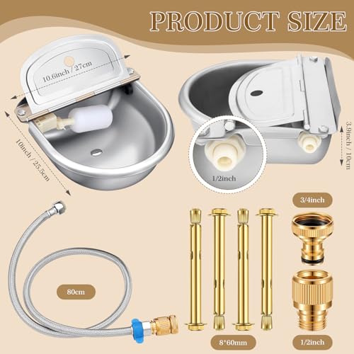 Bokon 4 Set Automatic Animal Drinking Water Trough Bowl Automatic Livestock Drinking Dispenser Stainless Steel Waterer for Horses Dogs Goat Pig with Float Pipe Connector Countersunk Bolt