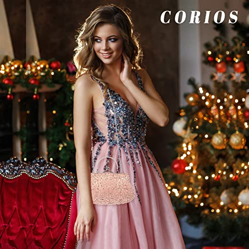 Image of CORIOS Evening Clutch Bag for Women Vintage Beaded Sequin Handbag Bridal Wedding Purse
