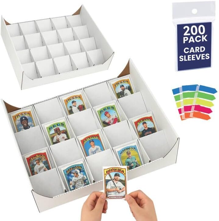 Card Sorting Tray, Stackable Trading Card Organizer Display Case, 20-Compartment Tray Sorter for Organizing Raw, Sleeved or Toploaders -Includes 200 Count Trading Card Sleeve (2PACK)