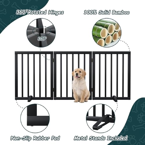 Semiocthome Freistehendes Bambus-Hundegitter für Türen, 3-teilige Welpentore für das Haus mit 2 Metallständern, 61 cm hoch, zusammenklappbares Haustiergitter für Treppen, erweiterbar bis zu 140 cm