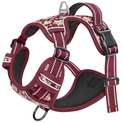 Image of HEELE Dog Harness, Reflective, No Pull No Choke, Flower Burgundy, S | Front Clip for Small Dog Harness, 2 Metal Rings with Handle, Adjustable, Soft Breathable Padded Pet Vest for Night Walking