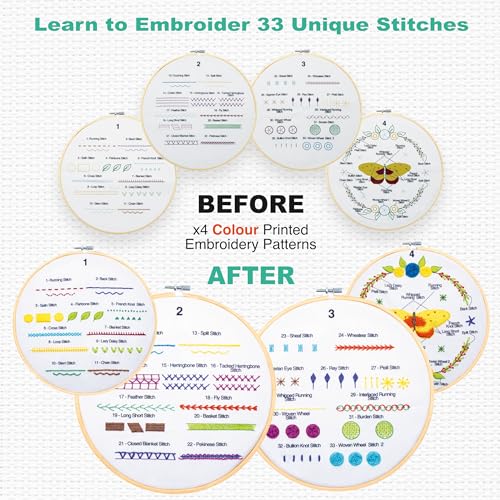 Azenera Beginner Embroidery Kit (4 Pack) Learn 33 Stitches with Easy DIY Video Tutorials, Coloured Design Patterns, Thread Floss, Cross Stitch Hoop, Gift (AZD200)