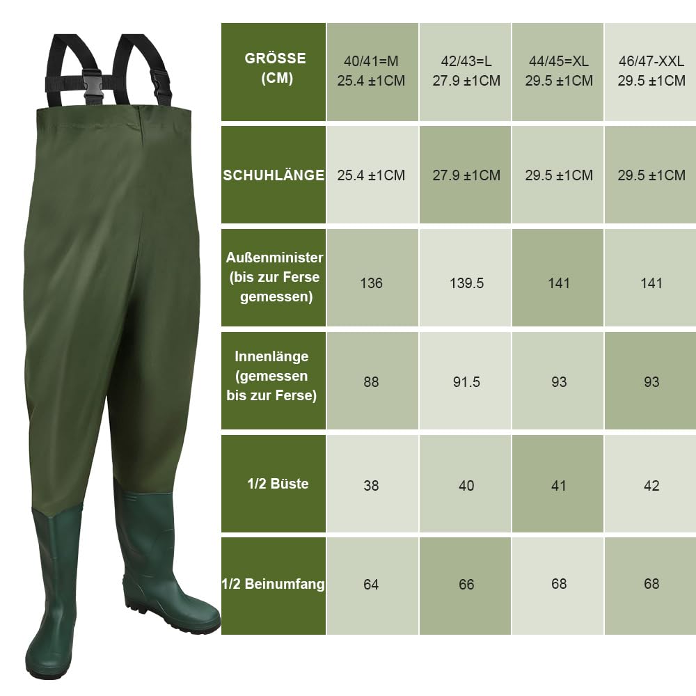 Wathose aus 70D Nylon/PVC mit verstellbaren Trägern und rutschfesten Gummistiefeln – wasserdichte Anglerhose für Angeln, Jagd, Landwirtschaft, Garten & mehr