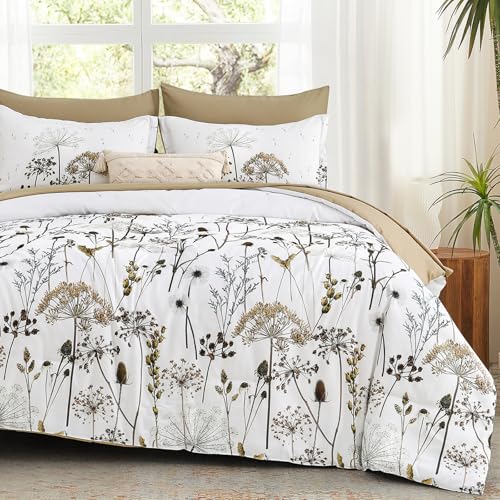 Yiran Khaki Floral Comforter Set King 7-Piece Bedding