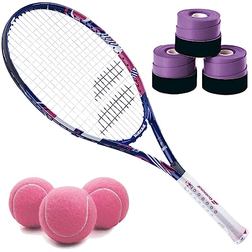 Babolat B'Fly 23 Inch Tennis Racquet Bundled with 3 Purple Overgrips and 3 Pink Tennis Balls