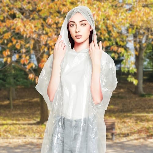 Image of ABC PACK & SUPPLY Disposable Rain Ponchos for Adults, White Hooded Rain Poncho, One Size, Polyethylene 0.02mm, Individually Wrapped, Bulk Pack of 200