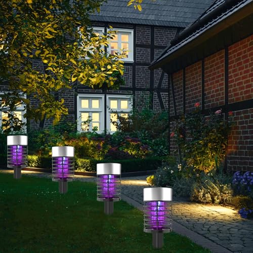 JahyElec 4 Pack Solar Bug Zapper Outdoor Waterproof, Solar Powered Mosquito Zapper Repellent Lamp Trap, Effective Cordless Gnat Fly Zapper for Yard Garden Patio Backyard Pathway Bug Insect Control
