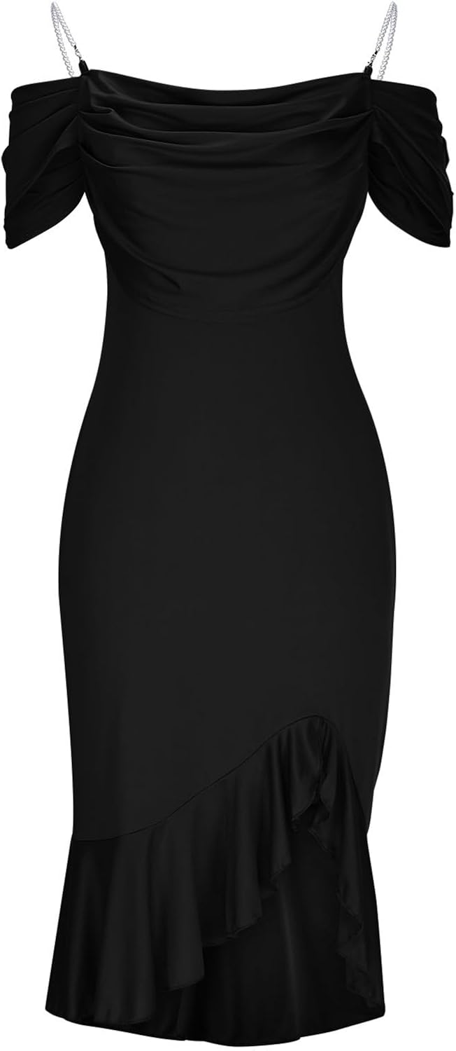 Sexy Dresses for Women Elegant Pearls Spaghetti Strap Slit Slip Dress Slim Fit Irregular Ruffle Hem Bodycon Dress - Image 5