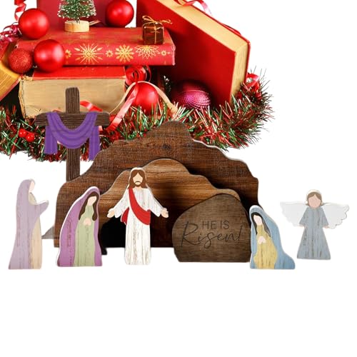 Gungtj Conjunto de Belén - Artesanías Cristianas De Madera De La Tumba De Jesús | Decoración Navideña Religiosa De Madera Nacimiento - para Bandeja Estantería Mesa de Noche Iglesia Adulto Familia