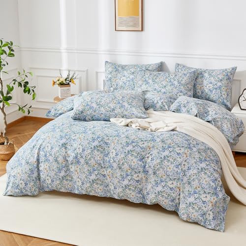 YASMENG Housse de Couette 220x240 Coton Motif de Fleurs Bleu Blanc Parure de Lit Coton Câlin Doux...