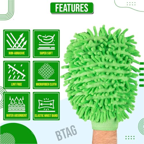 Image of Btag Double Sided Microfibre Wash Mitt Cleaning Gloves (2 Pcs, 2400 GSM, Size 26 X 19 Cm, Extra Large, Super Absorbent, Big Chenille Mitt Glove) (Green)