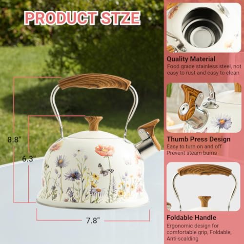Beruyu Tea Kettle for Stove Top, 2.7 Quart Whistling Kettle with Floral Pattern for Boiling Water Coffee or Milk, Stainless Steel Tea Pots with Wood Pattern Folding Handle, Work for All Stovetops