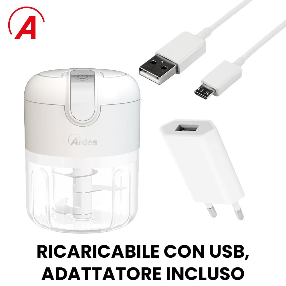 ARDES - ARCHOP02 Tritatutto da Cucina Elettrico Ricaricabile Senza Fili - Tritatutto Elettrico 3 Lame in Acciaio INOX - Mixer Cucina 250 ml - Trita Tutto Portatile