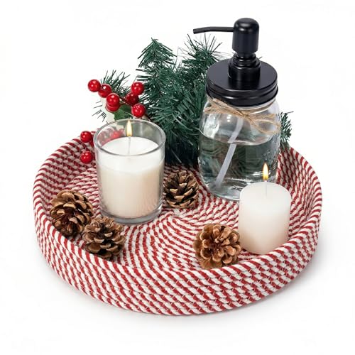 Image of BOBBINY Decorative Round Rope Tray for Decor - Rope Tray for Kitchen Dining Room Table - The Perfect Small Candle Serving Tray for Coffee Table and Home Decor (Red Mix, 10x10 Inch (Pack of 1))