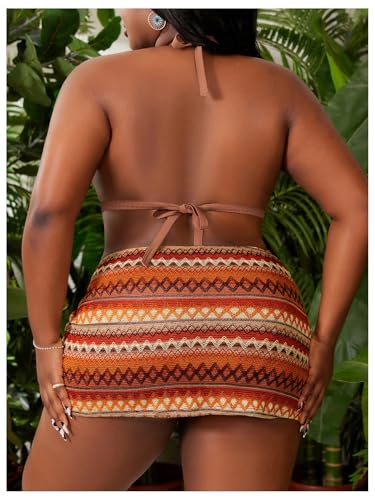 Verdusa Women's Plus Size 3 Piece Graphic Halter Bikini Sets Tie Back Swimsuits with Cover Up Skirt3