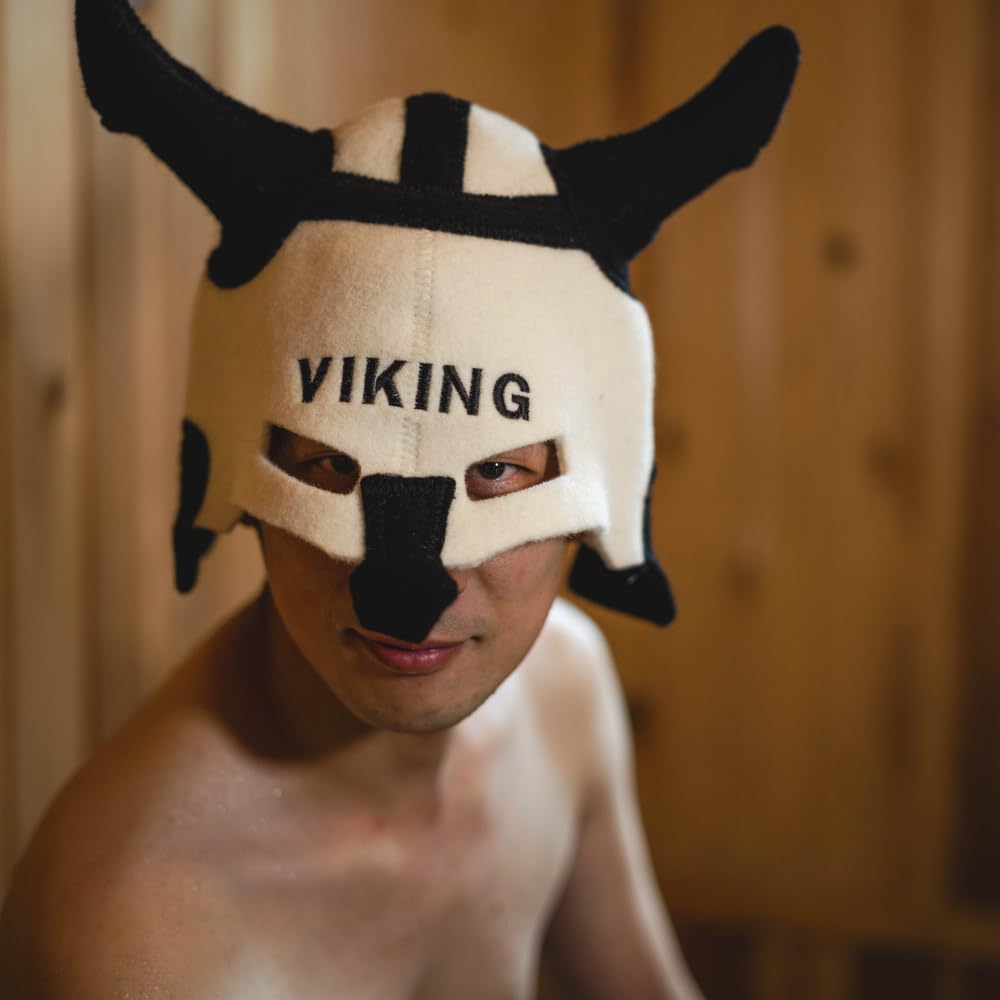 Saunahut 'Sauna Viking' White - 100% organische Wollfilzmützen - Schützen Sie Ihren Kopf vor Hitze - Englische Sauna E-Book Handbuch inklusiv - mit Stickerei