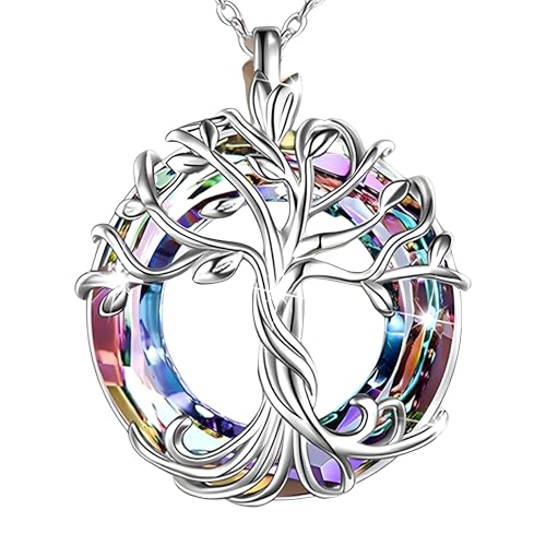 Collier celtique arbre de vie en argent et cristal arc-en-ciel pour femme