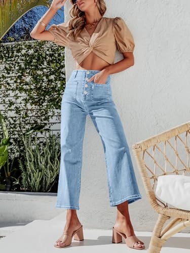 Cicy Bell Womens High Waisted Cropped Jeans Trendy Stretchy Button Fly Straight Wide Leg Capri Denim Pants4