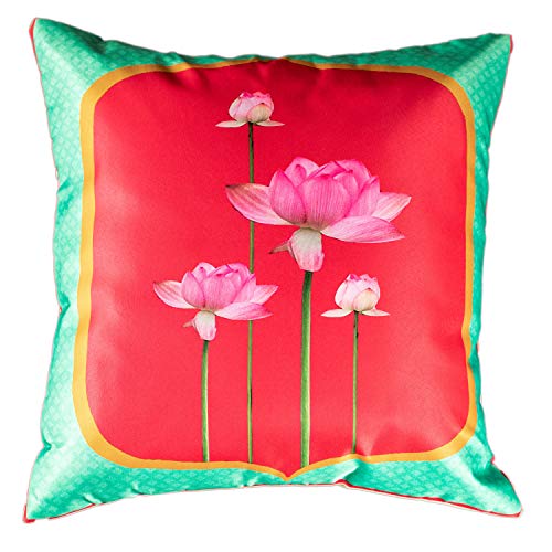 Image of Decorative Satin Sofa Cushion Covers Set of 5, 24 Inch x 24 Inch, Sofa Pillow Cover, Ethnic Festive Cow Pichwai, Multicolor, Rajasthani Design Zipper Closure (Lotus Cow, 24X24 Inches)