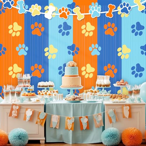 Image of WovWeave 2 Packs Dog Fringe Curtains 3.3 x 6.6 ft Dog Paw Foil Fringe Backdrop Orange Light Blue Tinsel Streamers for Baby Shower Birthday Party Supplies Decorations