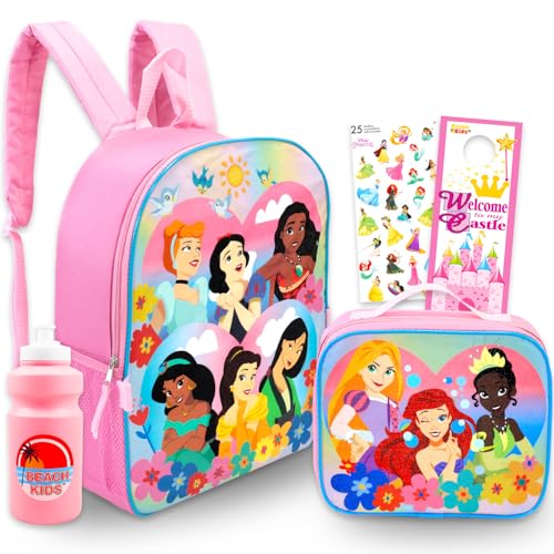 Disney Mochila Princesa com Conjunto de Lancheira – Pacote com Mochila e Lancheira com Ariel, Cinderela, Branca de Neve, Moana, Mais Adesivos Plus, Garrafa de Água | Mochila Escolar Princesa Disney