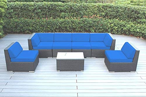 Amazon Com Ohana 7 Piece Outdoor Patio Furniture Sectional Conversation Set Black Wicker With Blue Cushions No Assembly With Free Patio Cover Garden Outdoor