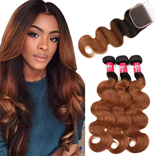 Haha Ombre Brazilian Body Wave Bundles with Closure Ombre Human Hair Bundles With 4x4 Closure T1B/30 2 Tone Black to Medium Auburn Brown Human Hair Weave Bundles with Lace Closure 14 16 18+12