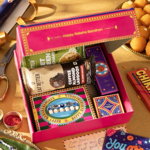 Image of Phool Bandhan Rakhi Gift Hamper for Brother | 10-Item Rakhi Gift Set with 2 Rakhis, Incense, Laddoo & Chikki | Rakhi Gift Box for Brother | Rakshabandhan Gift Hamper with Sweets
