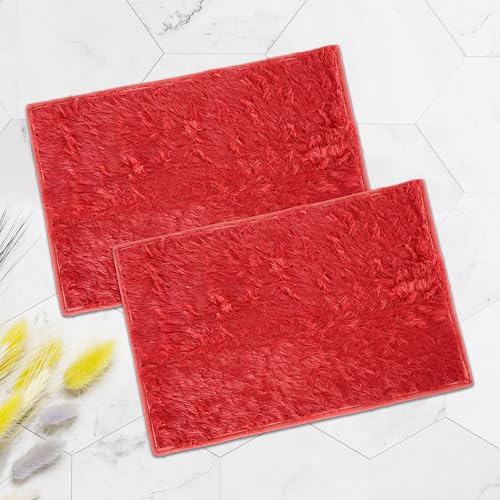 Image of Urbane Home Pack of 2 Anti-Slip Bathroom Mat | Door Mats for Home Entrance & Kitchen Floor | Foot Perdan for Home Door | Furry - Red