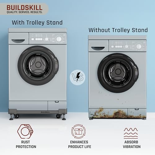 Image of BUILDSKILL 160kg Load Capacity Washing Machine Stand | 360 Rotating Wheels | Adjustable | Absorbs Vibration | Anti-Skid Fridge and Dishwasher Stand, Top & Front Load Washing Machine Trolley - Grey