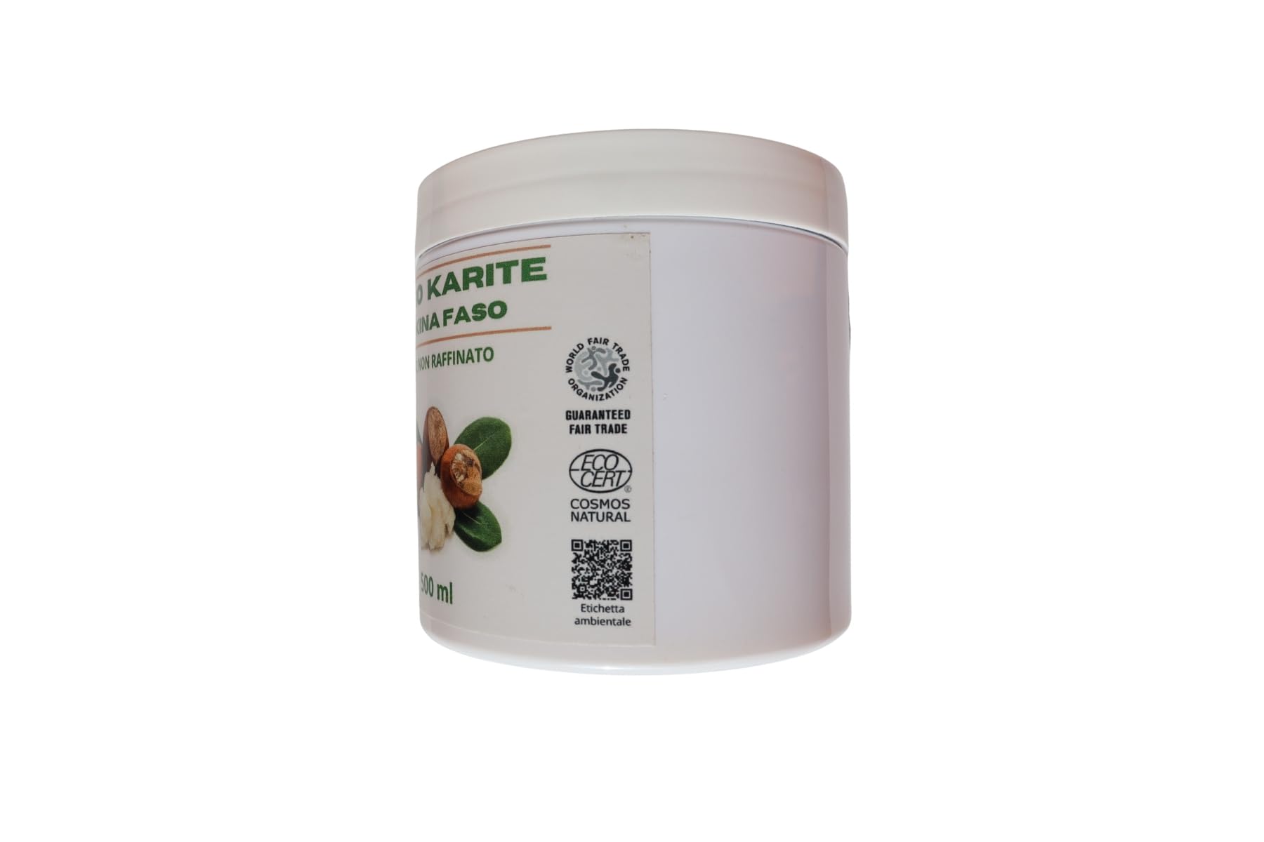 Burro di Karité del Burkina Faso (500 ml), puro non raffinato, certificato Ecocert. Idrata e favorisce la rigenerazione della pelle. Prodotto equo solidale ottenuto con metodo tradizionale.