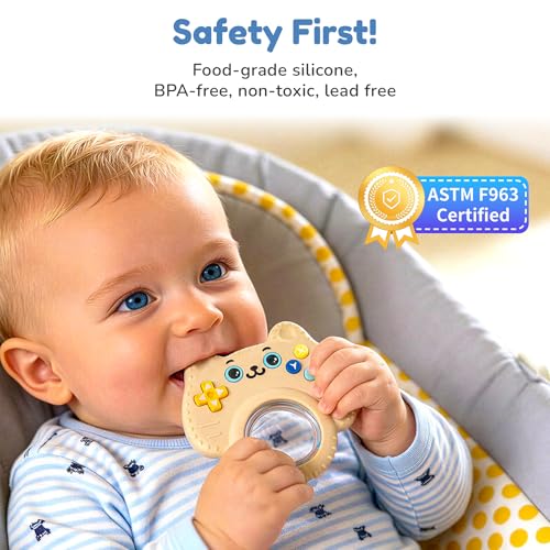 Image of Baby Teether Toy Silicone Cat Teething Ring -Game Controller, Baby Rattle Toy Chew Sensory Toys for Babies Over 3 Months, Teething Relief for Newborn Infant Essentials 0-6 6-12 Months, BPA Free -Beige