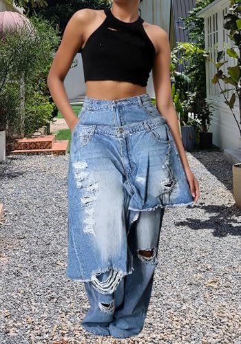 Women's Ripped Jeans Cargo High Waisted Tie Dye Boyfriend Jeans Loose Patchwork Denim Pants with Pocket3