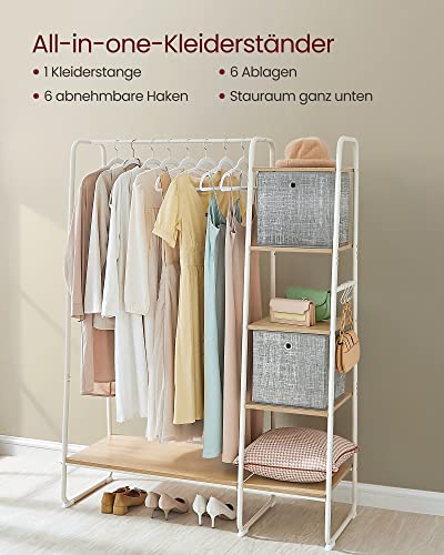 VASAGLE Kleiderständer, Garderobenständer, 45 x 120 x 160 cm Garderobe, Kleiderstange, Schuhablage, offener Kleiderschrank, 6 Haken abnehmbar, Schlafzimmer Flur, eichenfarben-mattweiß RGR116W09
