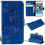 ShuiSu Flip Cover Case for Apple iPhone SE / 5 / 5S, Beautiful Butterfly Embossing PU Leather Soft Silicone Magnetic Closure Kickstand Wallet Card Pockets Wristband Protective Shell -Blue