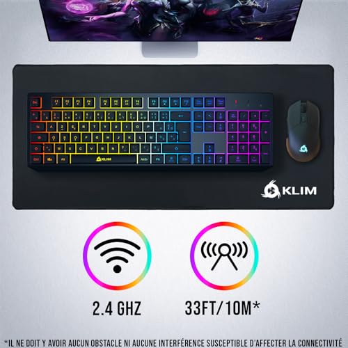 KLIM Chroma – Clavier sans Fil Gaming AZERTY FR, Rétroéclairage RGB, Silencieux & Ergonomique, Batterie Intégrée Longue Durée, Résistant aux Éclaboussures – USB 2,4 GHz pour PC/Mac/PS4/PS5 – Noir
