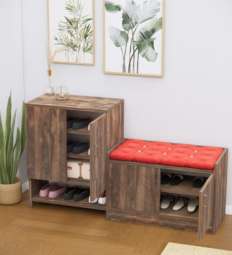 Image of SPECIALITY PANELS Shoe Rack Combo Set with Cushioned Seating Bench, 2 Door Storage Cabinet, Walnut Brown Finish, DIY Assembly, 2 Piece Set