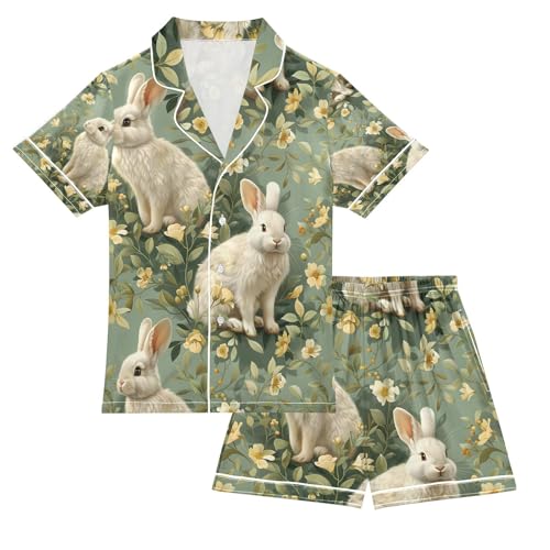 senya Flower White Rabbit Z Satin Summer Pajama Sets Silk Short Sleeve Button Down Sleepwear