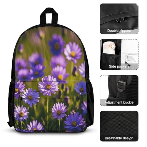 3-in-1 Backpack Combination Set Purple Wildflowers Print 3Pcs Backpack Sets Travel Daypack with Lunch Bag And Cosmetic Bag3