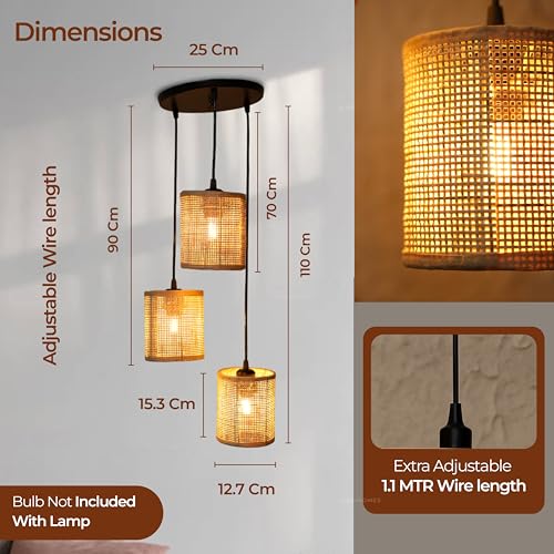 Image of Ikari Homes Rattan Chandelier 3 in1 Pendant Light, Natural Beige, Boho Style, E27 Base, Chandelier for Living Room I Dining I Bedroom I Balcony I Adjustable Wire - (Bulbs not Included) (SQ Mesh)