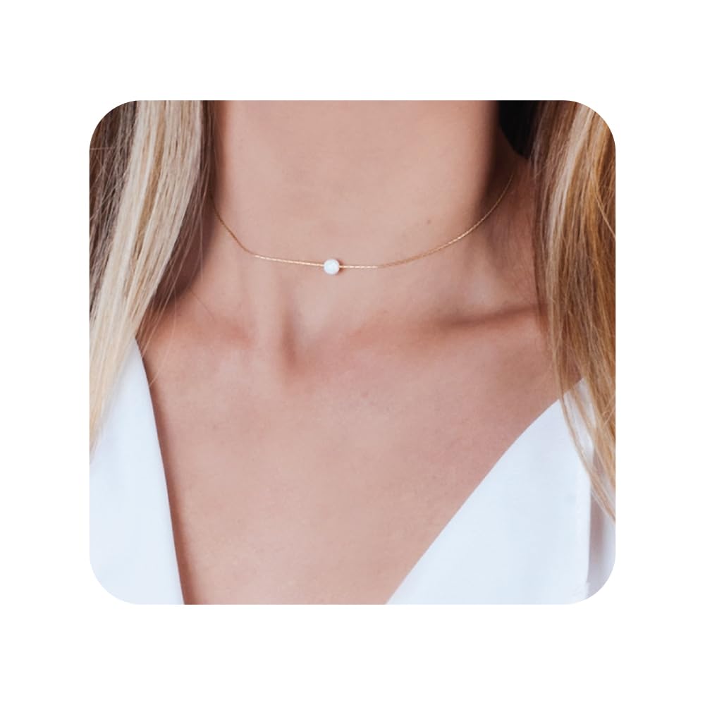 Tooliks – White Opal Bead Choker Necklace – 5mm Round Opal on Gold Filled Chain – Dainty Handmade Jewelry – 13.5" + 3" Extender