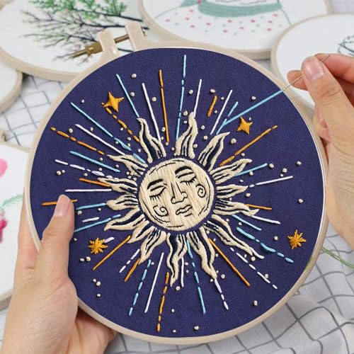 Image of Louise Maelys 3 Set Tarot Embroidery Kits for Beginners,Cross Stitch Kit for Adults,Starters DIY Needlepoint Including Embroidery Cloth with Sun Moon Star Evil Eye Pattern and Instructions