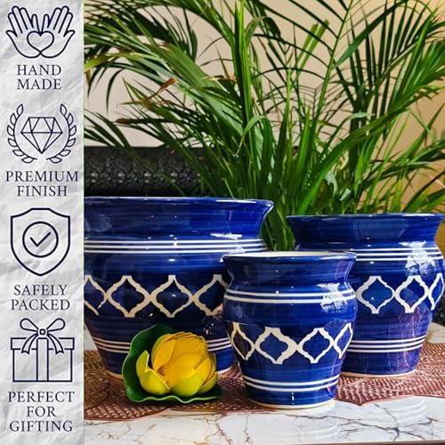 Image of Niyara Stylish Ceramic Pots Planters for Indoor Plants,Succulent,Outdoor,Balcony,Home,Garden,Office (Set of 3) Size -Large 9 inches 7 inches & 5 inches (Moroccan Blue)