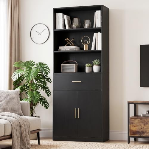 Image of Shintenchi Bookshelf,6-Tier Bookcase with 1 Drawer & 1 Cabinet, 6 Shelf Display Storage Shelves Floor Standing 70.6 inches Tall Bookcase for Home Office, Living Room (Black)