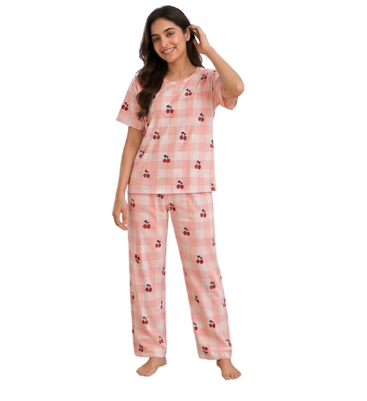 Sukoon Wear Women's 3-Piece Cotton Pajama Set - Cute Cherry Print Plaid Nightwear Lounge Set, Short Sleeve Top with Matching Long Pants & Pajama Shorts Set-picture-17